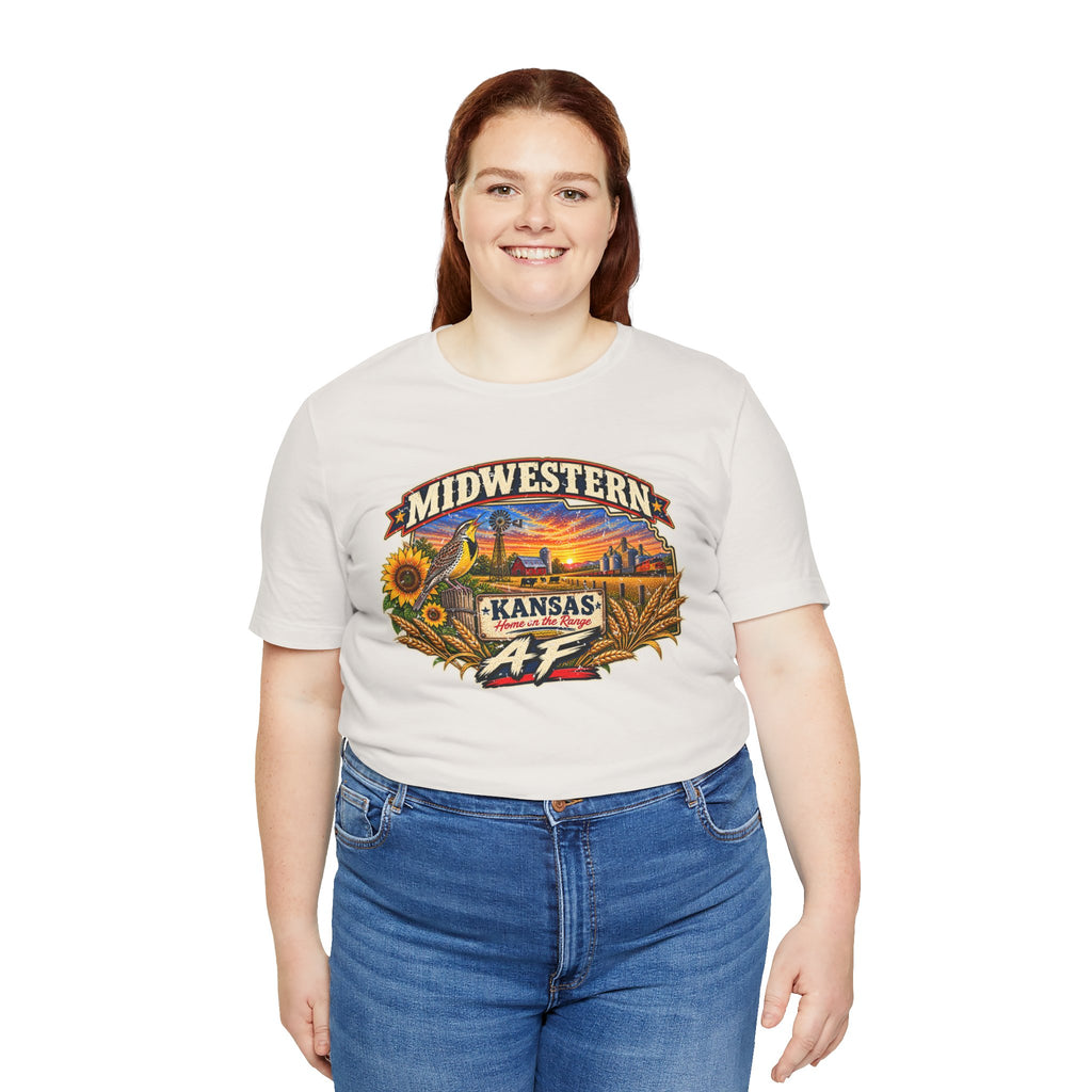 Woman wearing the natural vintage white Kansas AF tee
