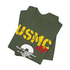 Personalized USMC Marine Corps AF T-shirt in Military Green shown folded, with gold USMC lettering
