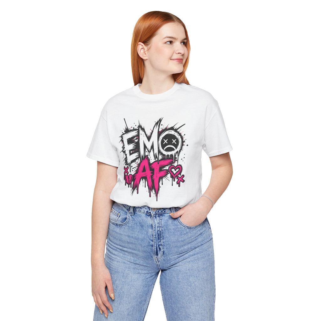 Woman wearing the White EMO AF T-Shirt with light jeans