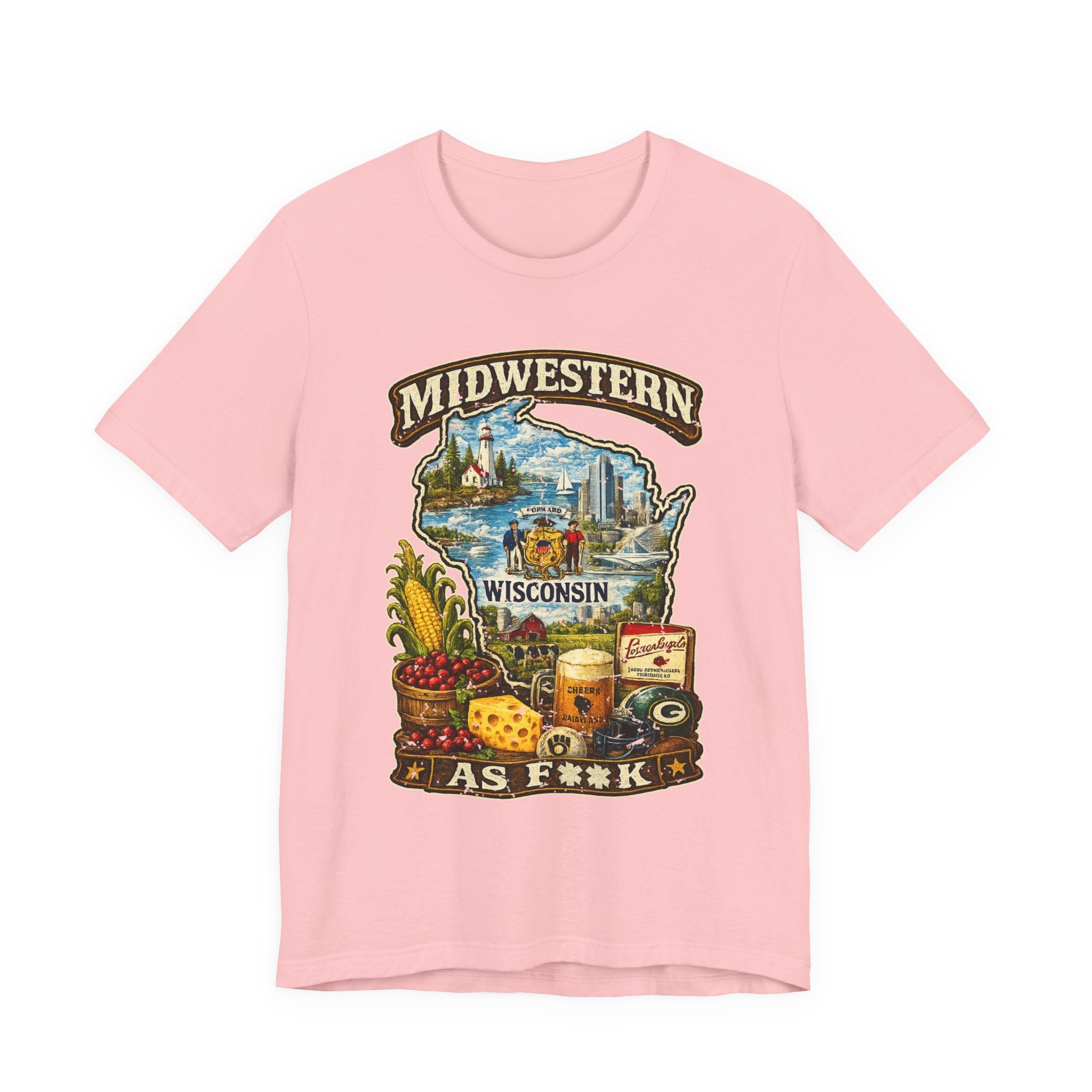 Pink Midwestern As F**K Wisconsin T-Shirt, slightly salty Cheesehead State pride tee