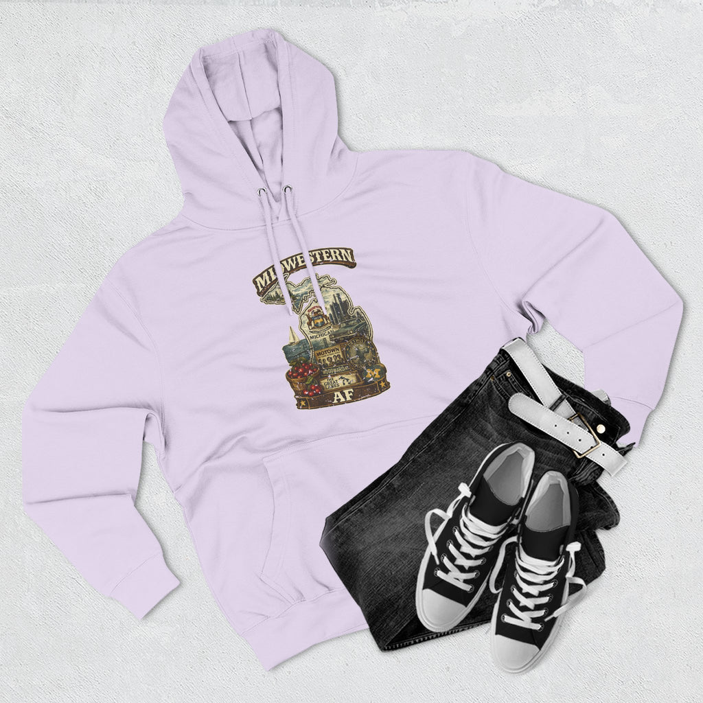 Family Friendly Midwestern AF Michigan Hoodie – product photo 21 featuring a distressed vintage design featuring Michigan's Upper and Lower Peninsulas overlaid with the state outline, surrounded by Detroit's skyline, Woodward Avenue, the Great Lakes, and Traverse City cherries