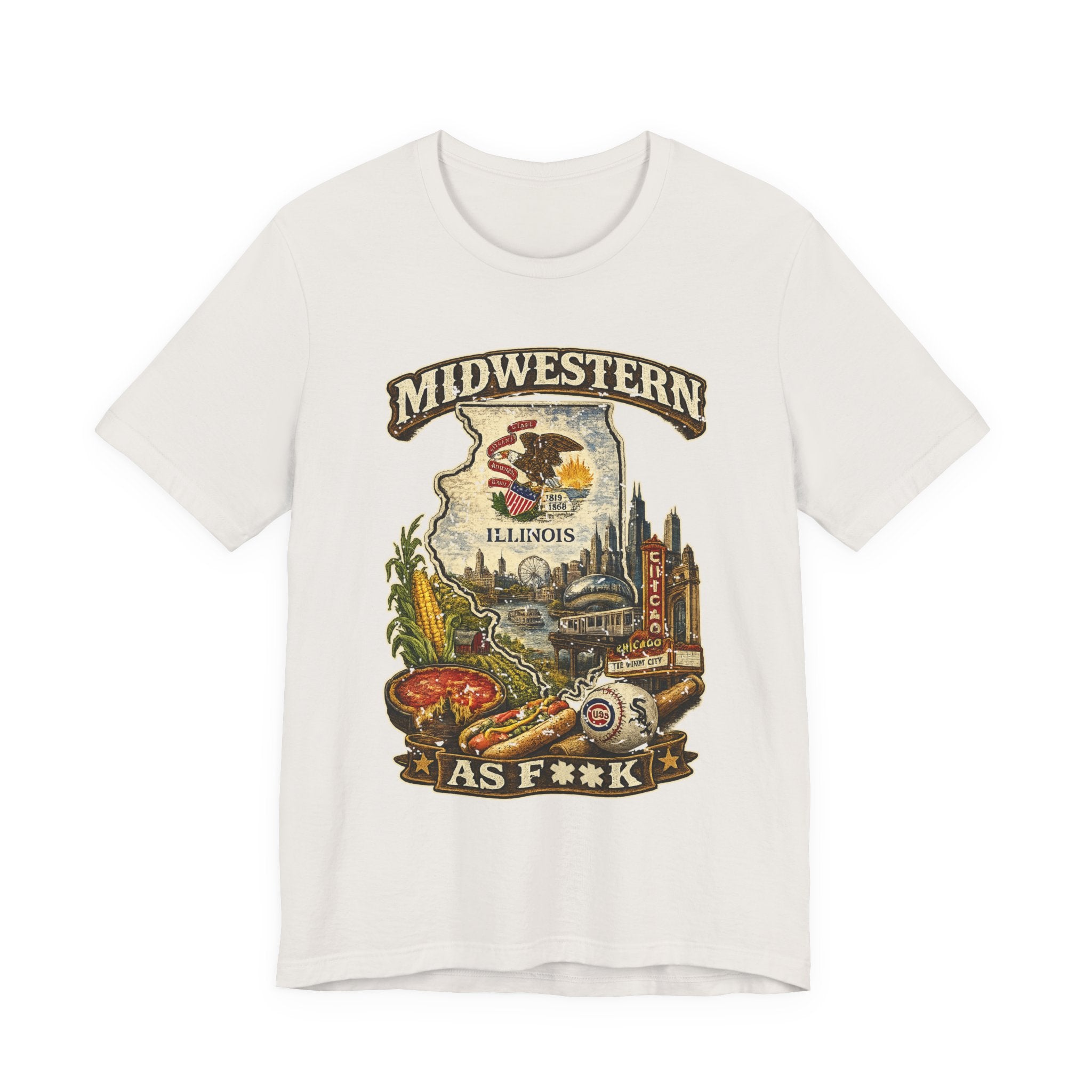 Slightly Salty Midwestern As F**K Illinois T-Shirt in Vintage White – a distressed vintage design featuring the Illinois state outline overlaid with the state flag, surrounded by the Chicago skyline, the Chicago Theatre sign, The Bean, deep-dish pizza, a Chicago-style hot dog, and towering corn fields