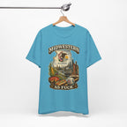 Midwestern As Fuck Illinois T-Shirt – product photo 13 featuring a distressed vintage design featuring the Illinois state outline overlaid with the state flag, surrounded by the Chicago skyline, the Chicago Theatre sign, The Bean, deep-dish pizza, a Chicago-style hot dog, and towering corn fields