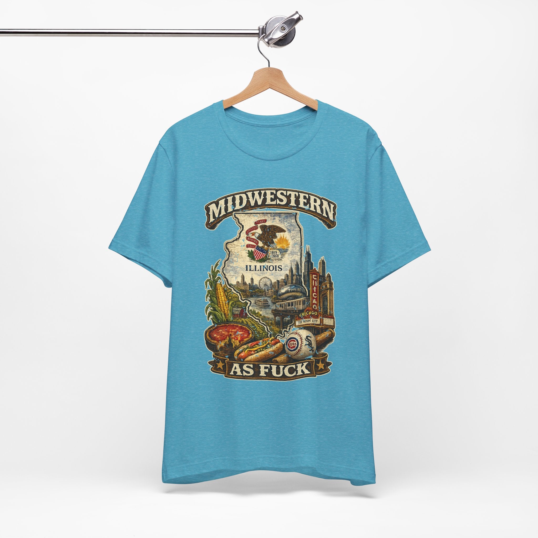 Midwestern As Fuck Illinois T-Shirt – product photo 13 featuring a distressed vintage design featuring the Illinois state outline overlaid with the state flag, surrounded by the Chicago skyline, the Chicago Theatre sign, The Bean, deep-dish pizza, a Chicago-style hot dog, and towering corn fields