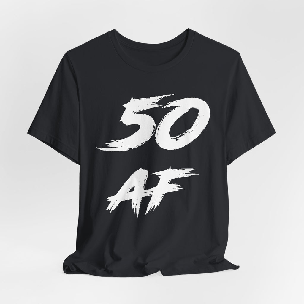 Vintage Black birthday t-shirt laid flat and rumpled, white 50 AF chest graphic