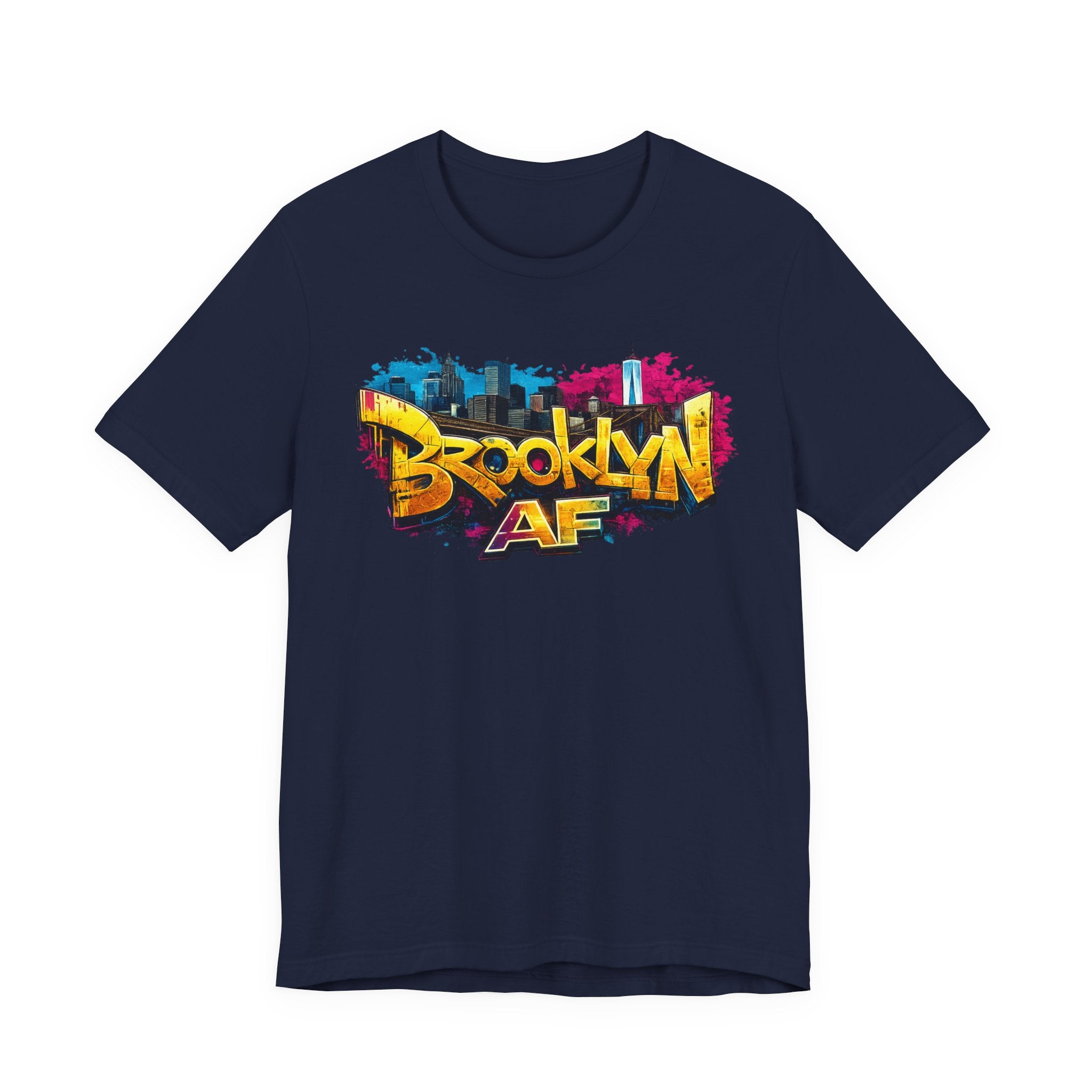 Navy t-shirt, front view flat lay, with colorful graffiti Brooklyn AF lettering over a skyline paint-splash design.
