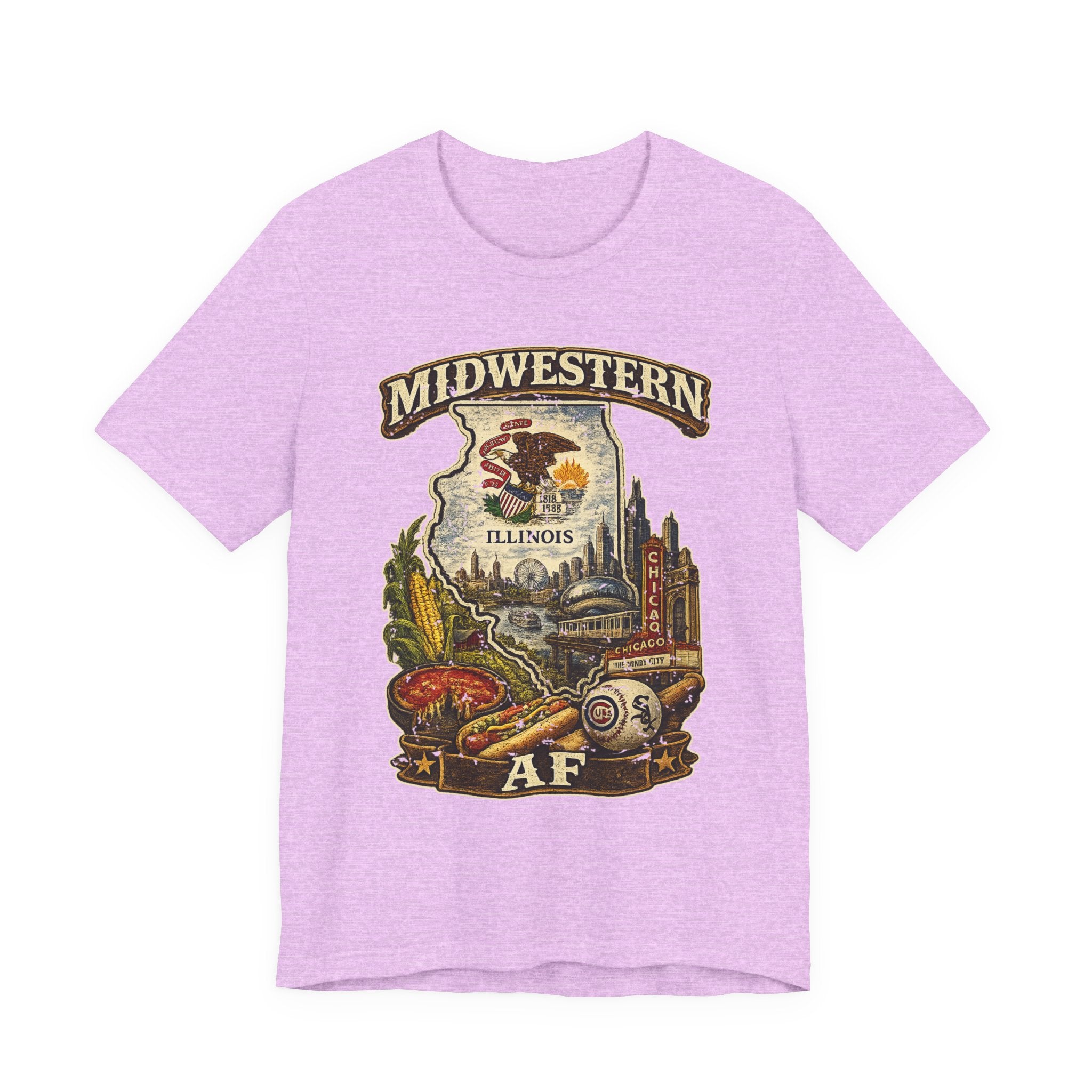 Family Friendly Midwestern AF Illinois T-Shirt in Heather Prism Lilac – a distressed vintage design featuring the Illinois state outline overlaid with the state flag, surrounded by the Chicago skyline, the Chicago Theatre sign, The Bean, deep-dish pizza, a Chicago-style hot dog, and towering corn fields