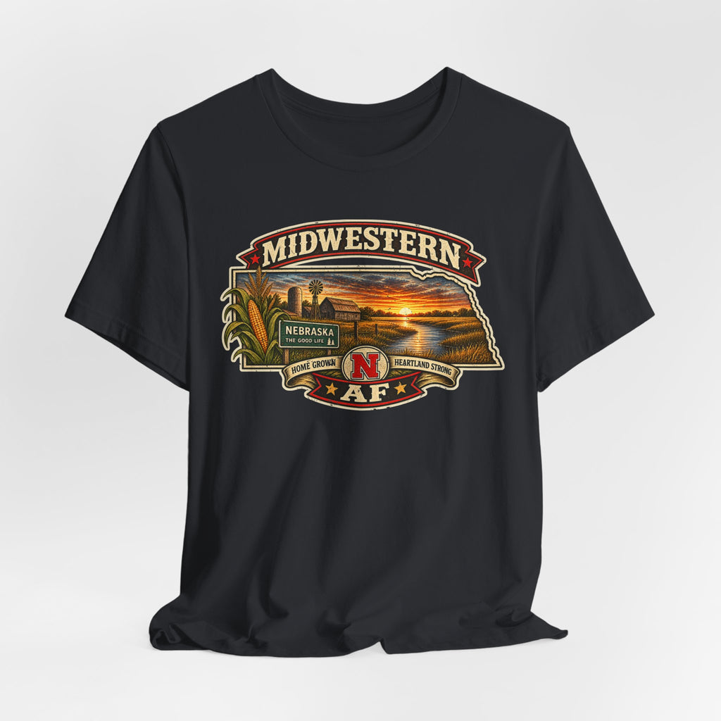 Vintage black Nebraska T-shirt draped flat, full Midwestern AF Cornhusker State graphic