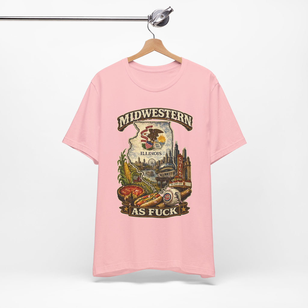 Midwestern As Fuck Illinois T-Shirt – product photo 3 featuring a distressed vintage design featuring the Illinois state outline overlaid with the state flag, surrounded by the Chicago skyline, the Chicago Theatre sign, The Bean, deep-dish pizza, a Chicago-style hot dog, and towering corn fields