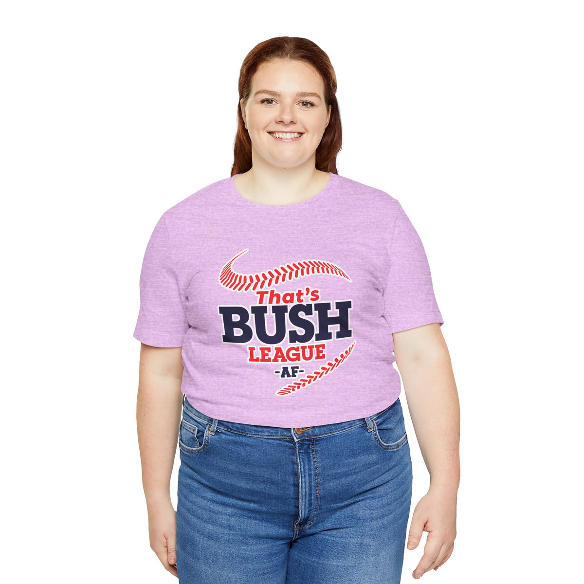 Woman wearing the Heather Prism Lilac Bush League AF tee with jeans
