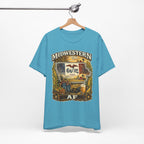Family Friendly Midwestern AF Iowa T-Shirt – product photo 12 featuring a distressed vintage design featuring the outline of Iowa overlaid with the Iowa state flag, surrounded by towering corn stalks, rolling farmland, a classic red barn, a windmill, a tractor, and an overflowing harvest basket