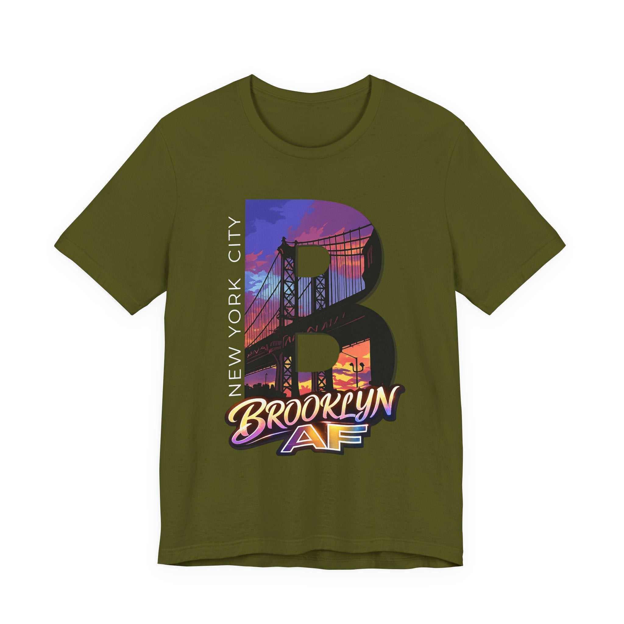 Olive green t-shirt, flat lay front view, with a bold B and a purple-orange Brooklyn Bridge sunset skyline graphic.