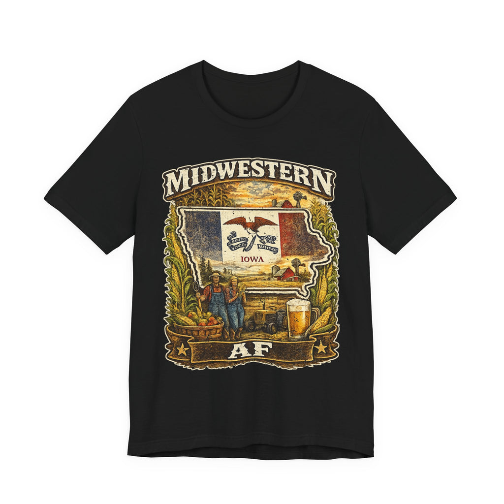 Family Friendly Midwestern AF Iowa T-Shirt in Black – a distressed vintage design featuring the outline of Iowa overlaid with the Iowa state flag, surrounded by towering corn stalks, rolling farmland, a classic red barn, a windmill, a tractor, and an overflowing harvest basket