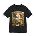 Family Friendly Midwestern AF Iowa T-Shirt in Black – a distressed vintage design featuring the outline of Iowa overlaid with the Iowa state flag, surrounded by towering corn stalks, rolling farmland, a classic red barn, a windmill, a tractor, and an overflowing harvest basket