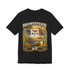 Family Friendly Midwestern AF Iowa T-Shirt in Black – a distressed vintage design featuring the outline of Iowa overlaid with the Iowa state flag, surrounded by towering corn stalks, rolling farmland, a classic red barn, a windmill, a tractor, and an overflowing harvest basket
