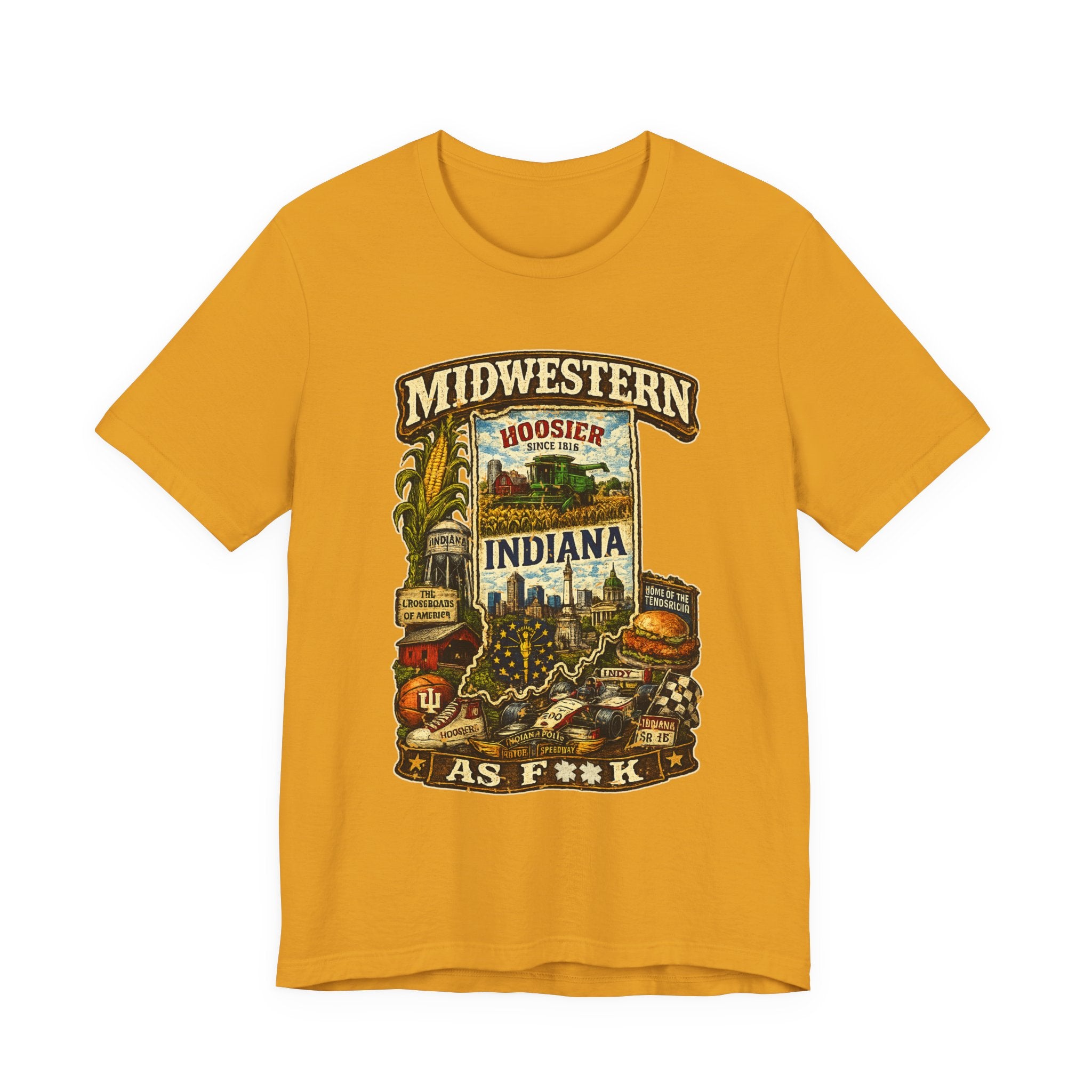 Mustard Midwestern As F**K Indiana T-Shirt, slightly salty Hoosier State pride tee