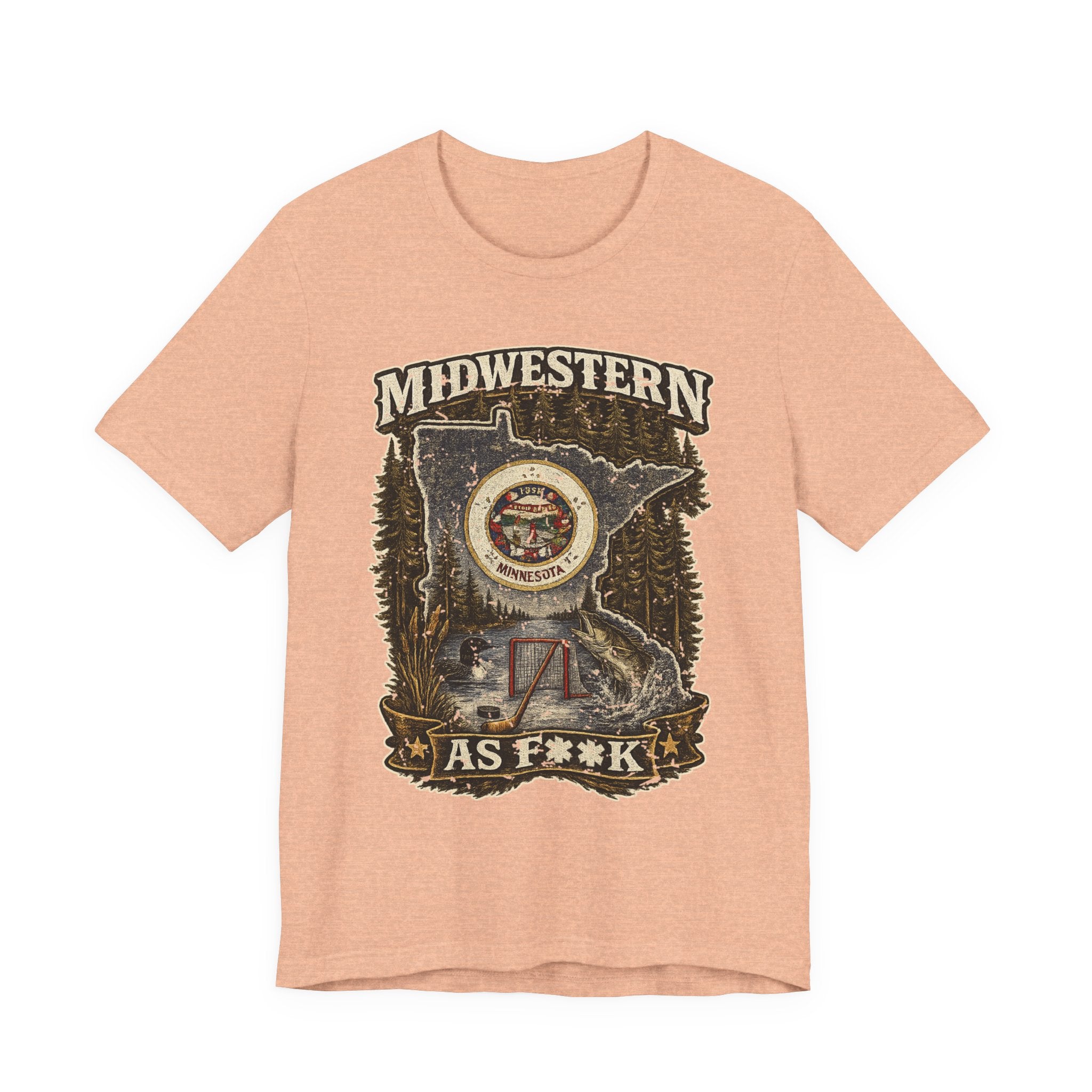 Slightly Salty Midwestern As F**K Minnesota T-Shirt in Heather Peach – distressed Minnesota state flag design with pine trees, loon and walleye