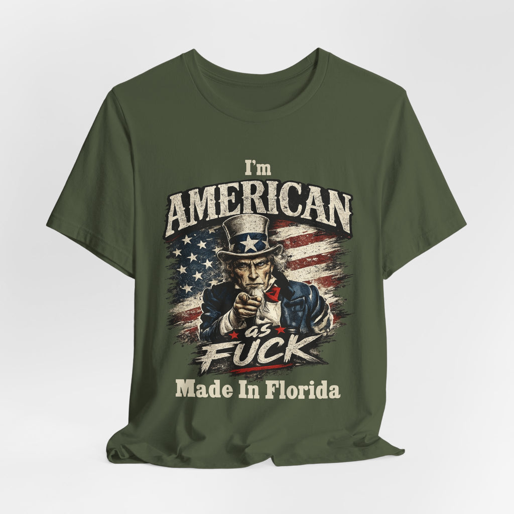 Army green t-shirt laid flat with light creases, showing the Uncle Sam graphic and text