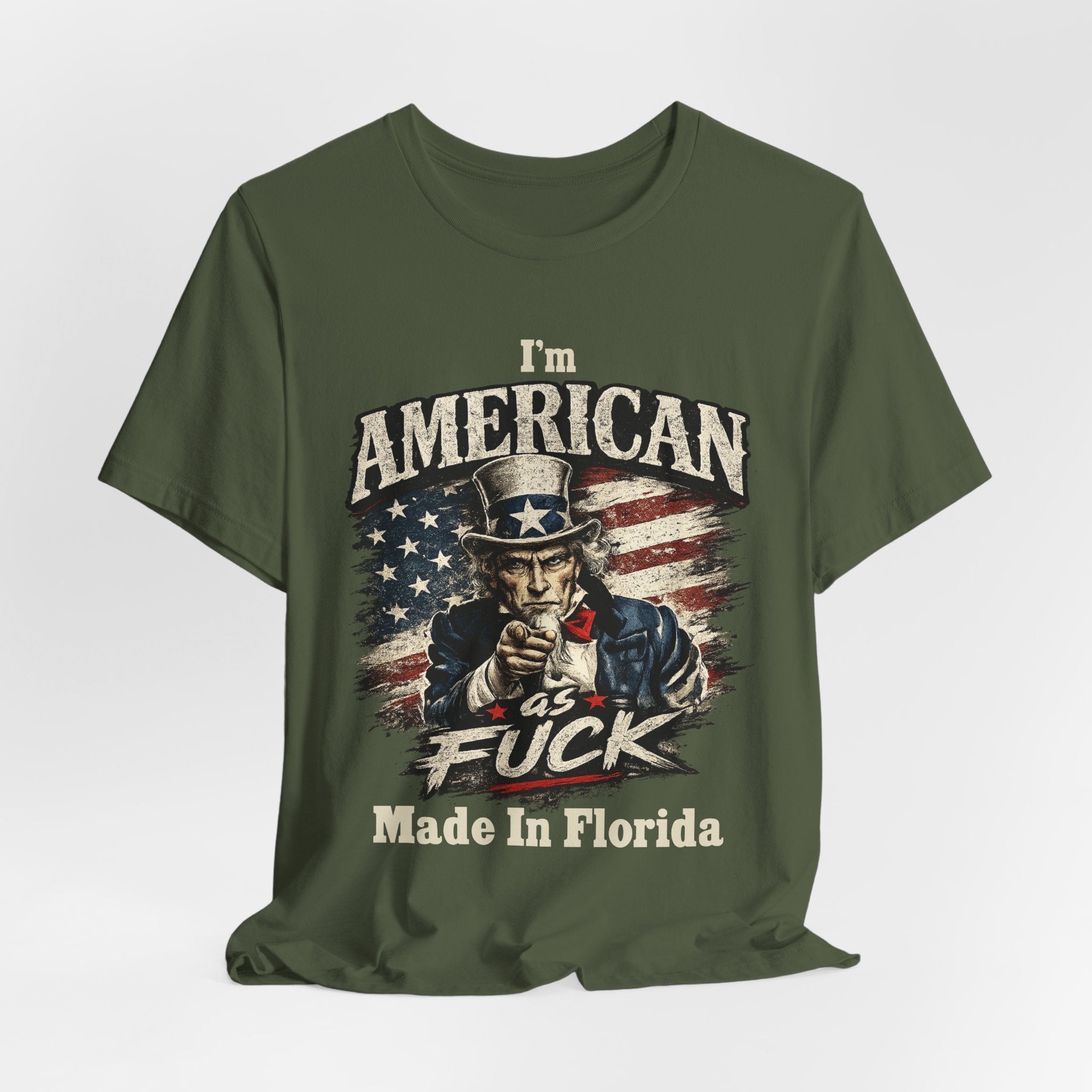 Army green t-shirt laid flat with light creases, showing the Uncle Sam graphic and text