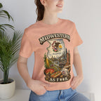 Slightly Salty Midwestern As F**K Illinois T-Shirt – product photo 2 featuring a distressed vintage design featuring the Illinois state outline overlaid with the state flag, surrounded by the Chicago skyline, the Chicago Theatre sign, The Bean, deep-dish pizza, a Chicago-style hot dog, and towering corn fields