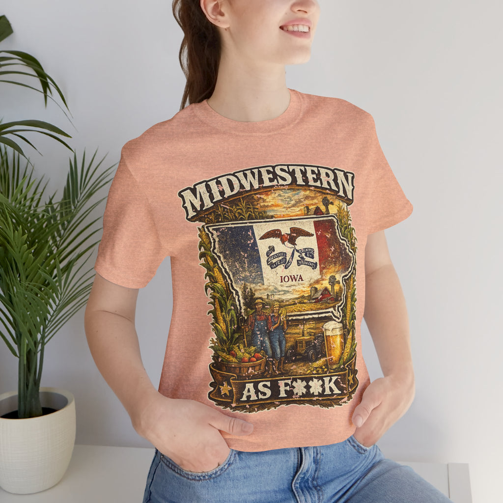 Slightly Salty Midwestern As F**K Iowa T-Shirt – product photo 8 featuring a distressed vintage design featuring the outline of Iowa overlaid with the Iowa state flag, surrounded by towering corn stalks, rolling farmland, a classic red barn, a windmill, a tractor, and an overflowing harvest basket
