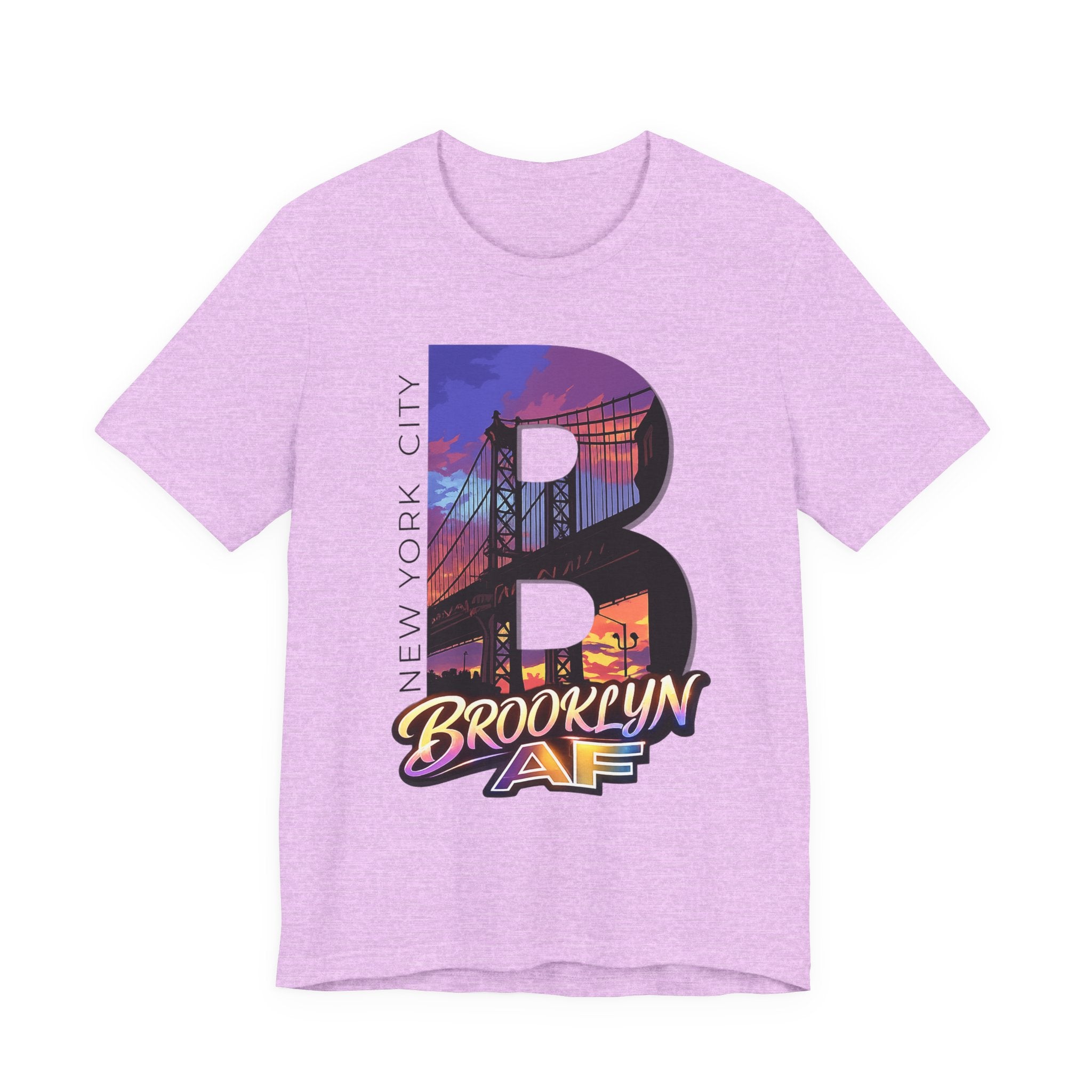 Heather prism lilac t-shirt, flat lay, with a bold "B" Brooklyn Bridge sunset skyline graphic.