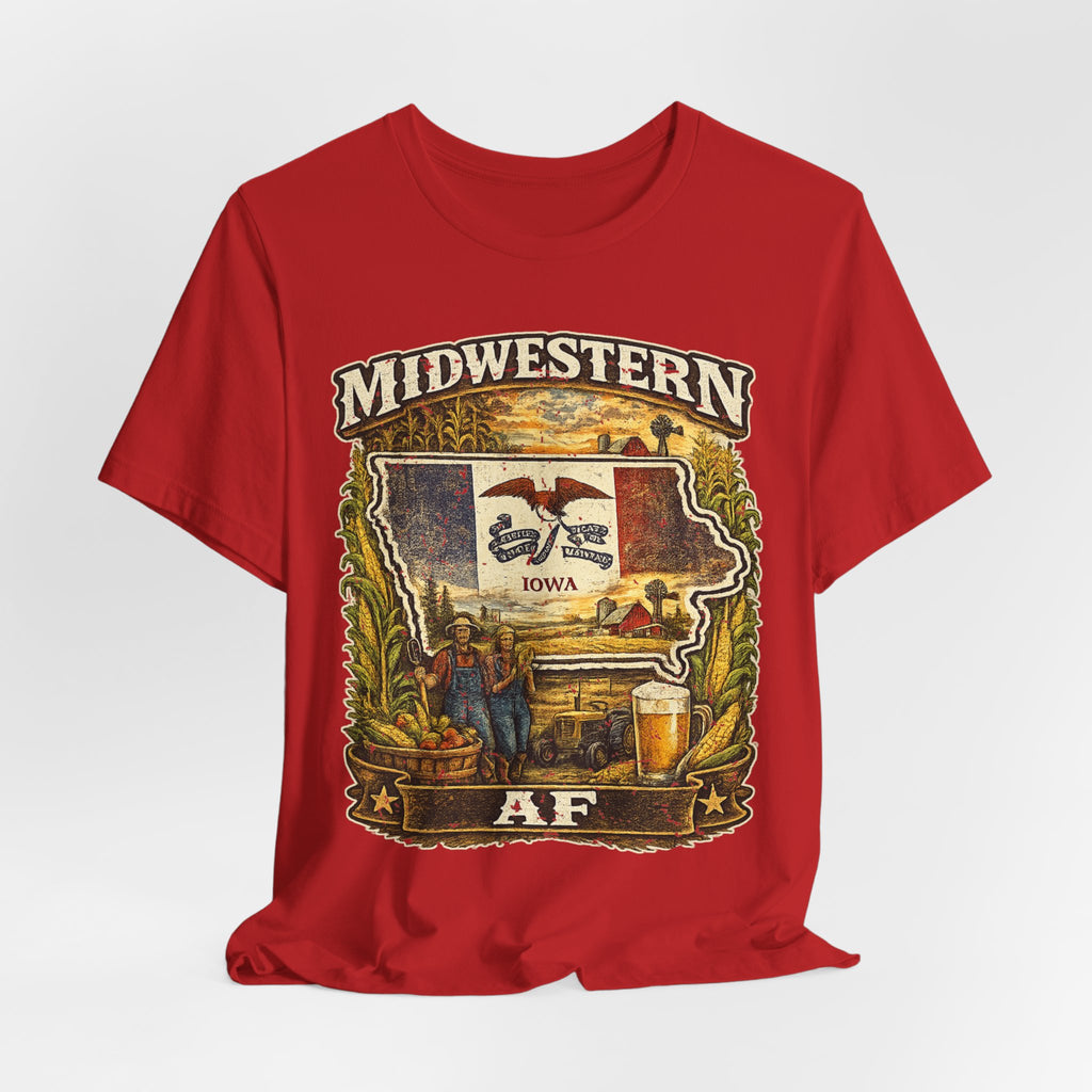 Family Friendly Midwestern AF Iowa T-Shirt – product photo 19 featuring a distressed vintage design featuring the outline of Iowa overlaid with the Iowa state flag, surrounded by towering corn stalks, rolling farmland, a classic red barn, a windmill, a tractor, and an overflowing harvest basket