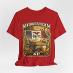 Family Friendly Midwestern AF Iowa T-Shirt – product photo 19 featuring a distressed vintage design featuring the outline of Iowa overlaid with the Iowa state flag, surrounded by towering corn stalks, rolling farmland, a classic red barn, a windmill, a tractor, and an overflowing harvest basket