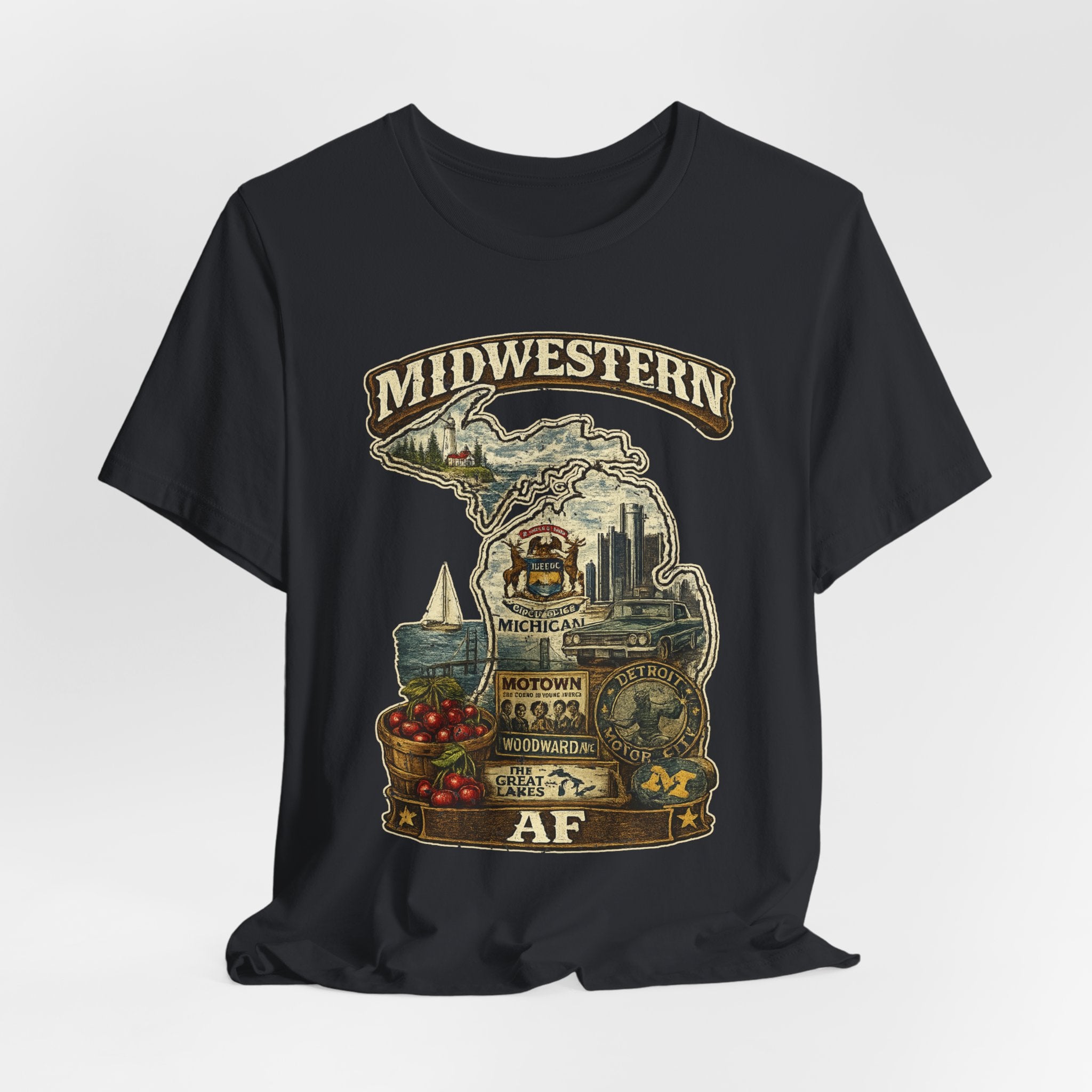 Family Friendly Midwestern AF Michigan T-Shirt – product photo 28 featuring a distressed vintage design featuring Michigan's Upper and Lower Peninsulas overlaid with the state outline, surrounded by Detroit's skyline, Woodward Avenue, the Great Lakes, and Traverse City cherries