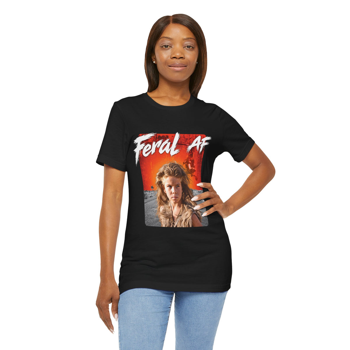 Woman modelling the Black Feral AF T-shirt with one hand on her hip, front graphic in view