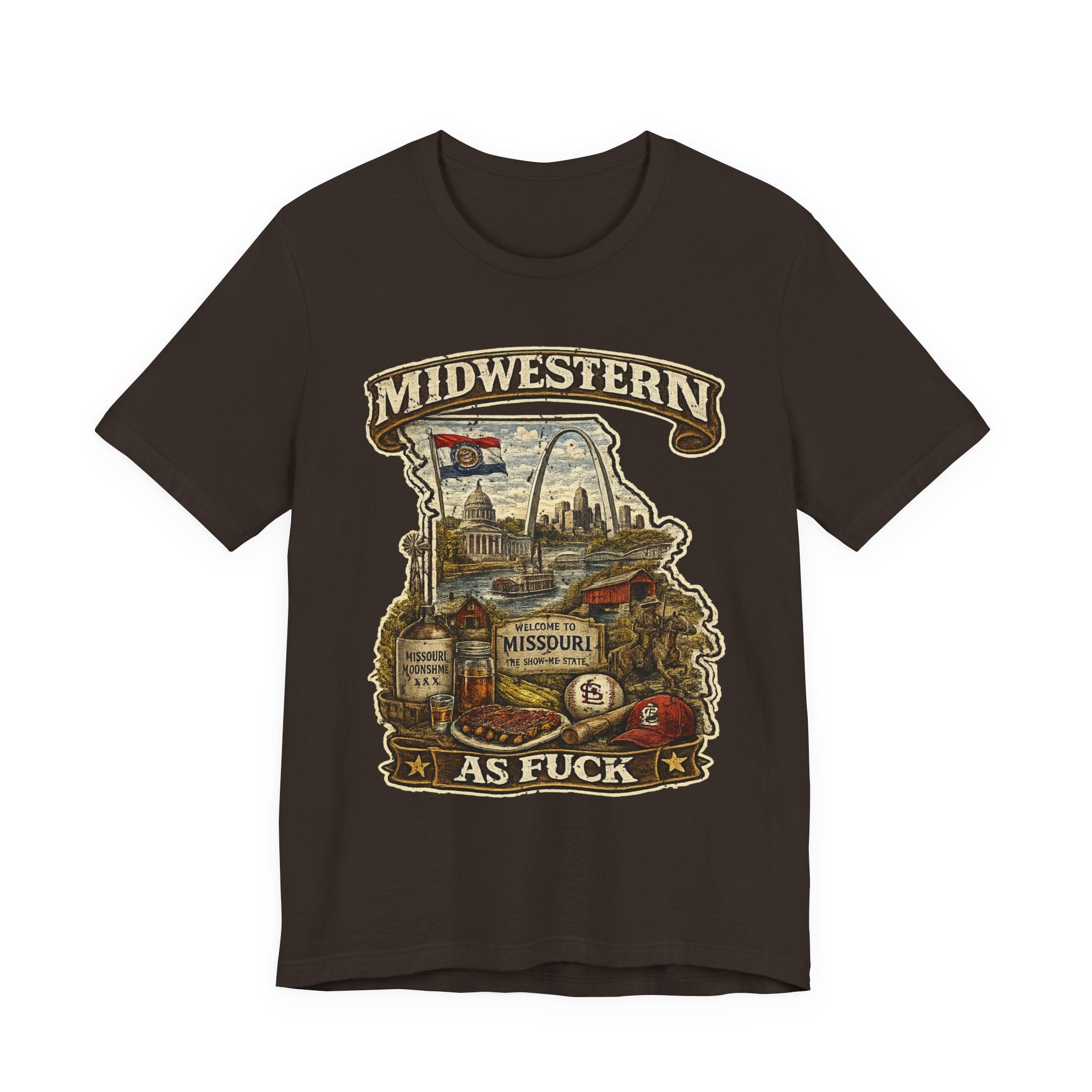 Missouri Midwestern As Fuck t-shirt in Brown laid flat, vintage Show-Me State graphic design