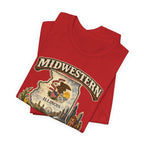 Midwestern As Fuck Illinois T-Shirt – product photo 18 featuring a distressed vintage design featuring the Illinois state outline overlaid with the state flag, surrounded by the Chicago skyline, the Chicago Theatre sign, The Bean, deep-dish pizza, a Chicago-style hot dog, and towering corn fields