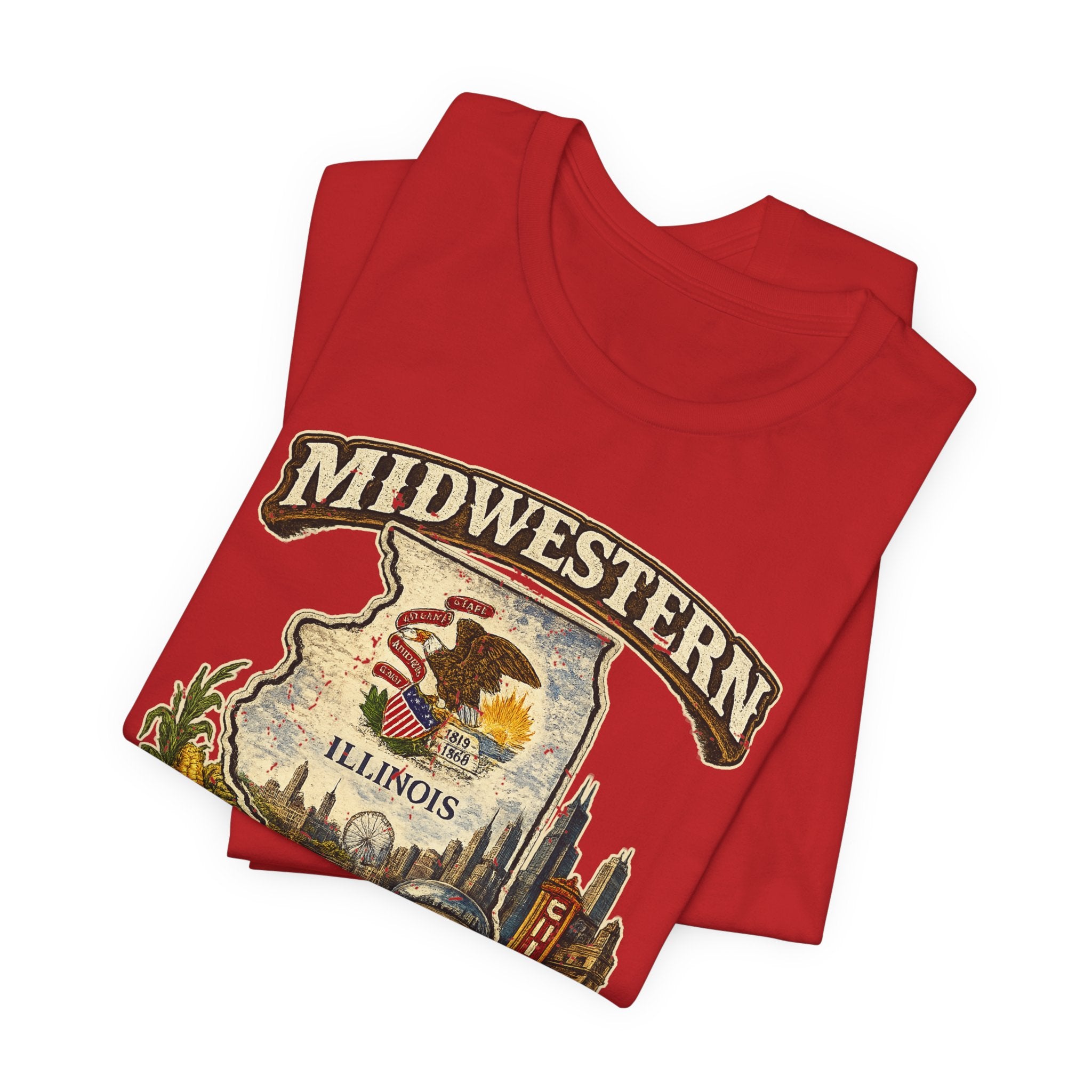 Midwestern As Fuck Illinois T-Shirt – product photo 18 featuring a distressed vintage design featuring the Illinois state outline overlaid with the state flag, surrounded by the Chicago skyline, the Chicago Theatre sign, The Bean, deep-dish pizza, a Chicago-style hot dog, and towering corn fields