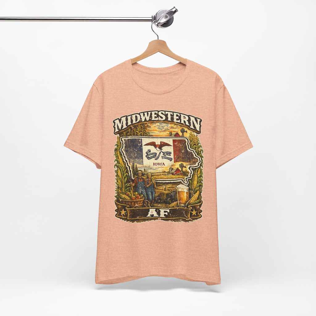 Family Friendly Midwestern AF Iowa T-Shirt – product photo 9 featuring a distressed vintage design featuring the outline of Iowa overlaid with the Iowa state flag, surrounded by towering corn stalks, rolling farmland, a classic red barn, a windmill, a tractor, and an overflowing harvest basket