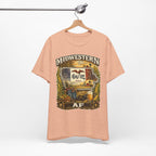 Family Friendly Midwestern AF Iowa T-Shirt – product photo 9 featuring a distressed vintage design featuring the outline of Iowa overlaid with the Iowa state flag, surrounded by towering corn stalks, rolling farmland, a classic red barn, a windmill, a tractor, and an overflowing harvest basket