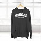 Charcoal Kansas hoodie on a hanger, white varsity KANSAS lettering over KANSAS CITY (KCKS)