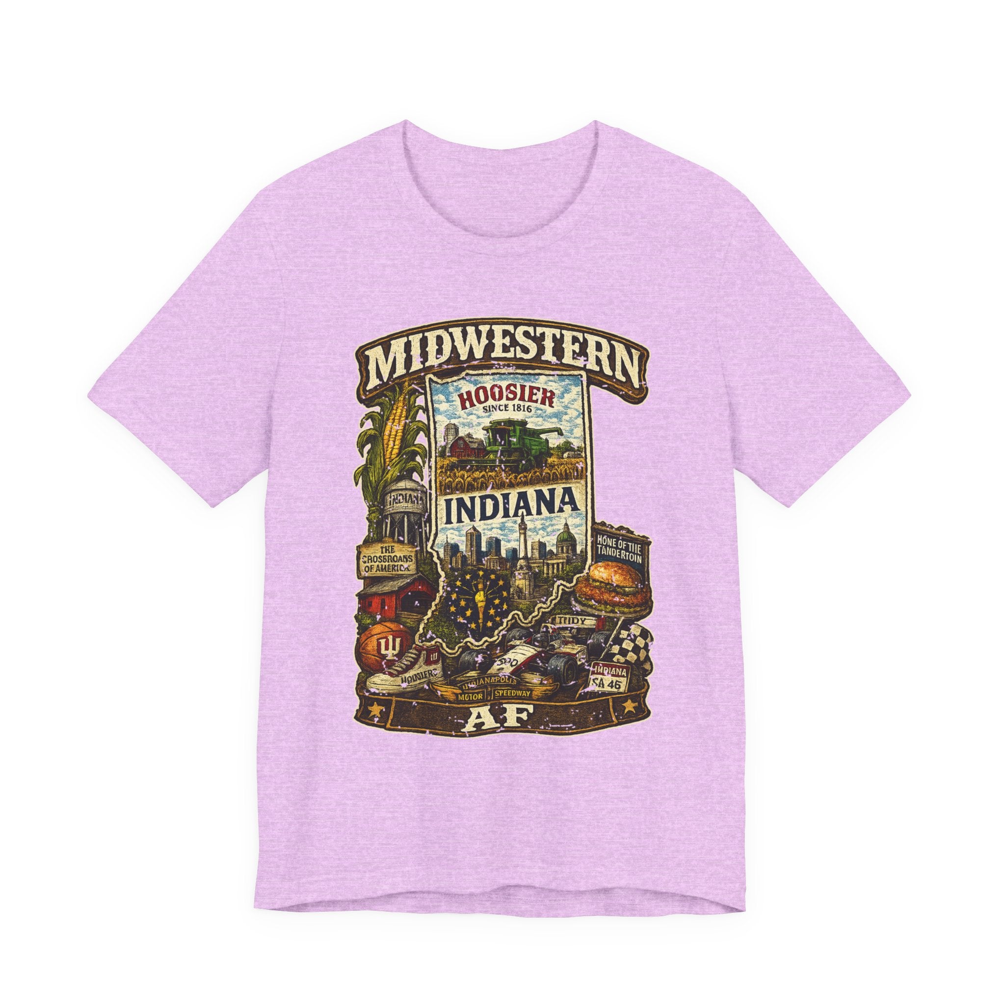 Heather Prism Lilac Midwestern AF Indiana T-Shirt, family friendly Hoosier State pride tee