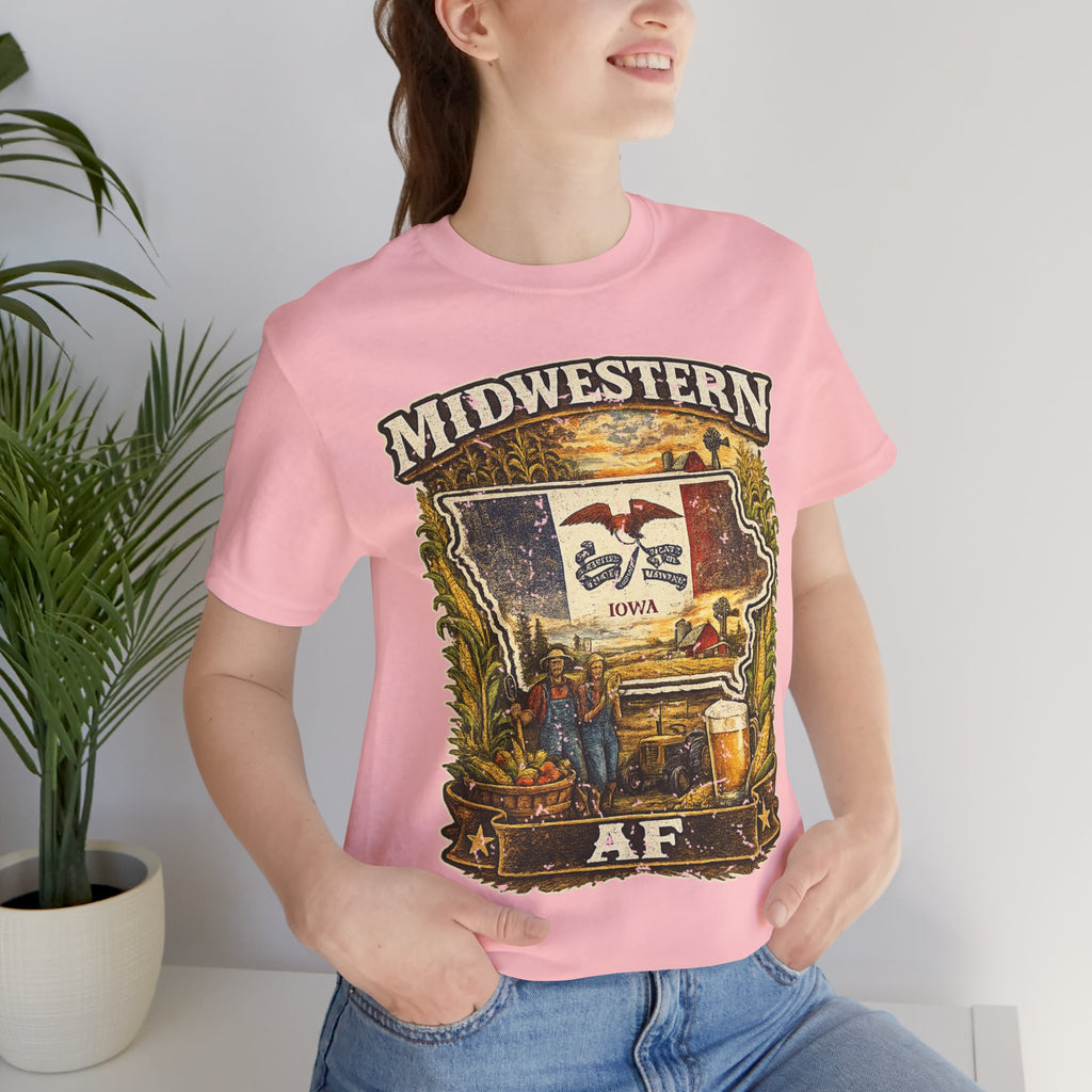 Family Friendly Midwestern AF Iowa T-Shirt – product photo 3 featuring a distressed vintage design featuring the outline of Iowa overlaid with the Iowa state flag, surrounded by towering corn stalks, rolling farmland, a classic red barn, a windmill, a tractor, and an overflowing harvest basket