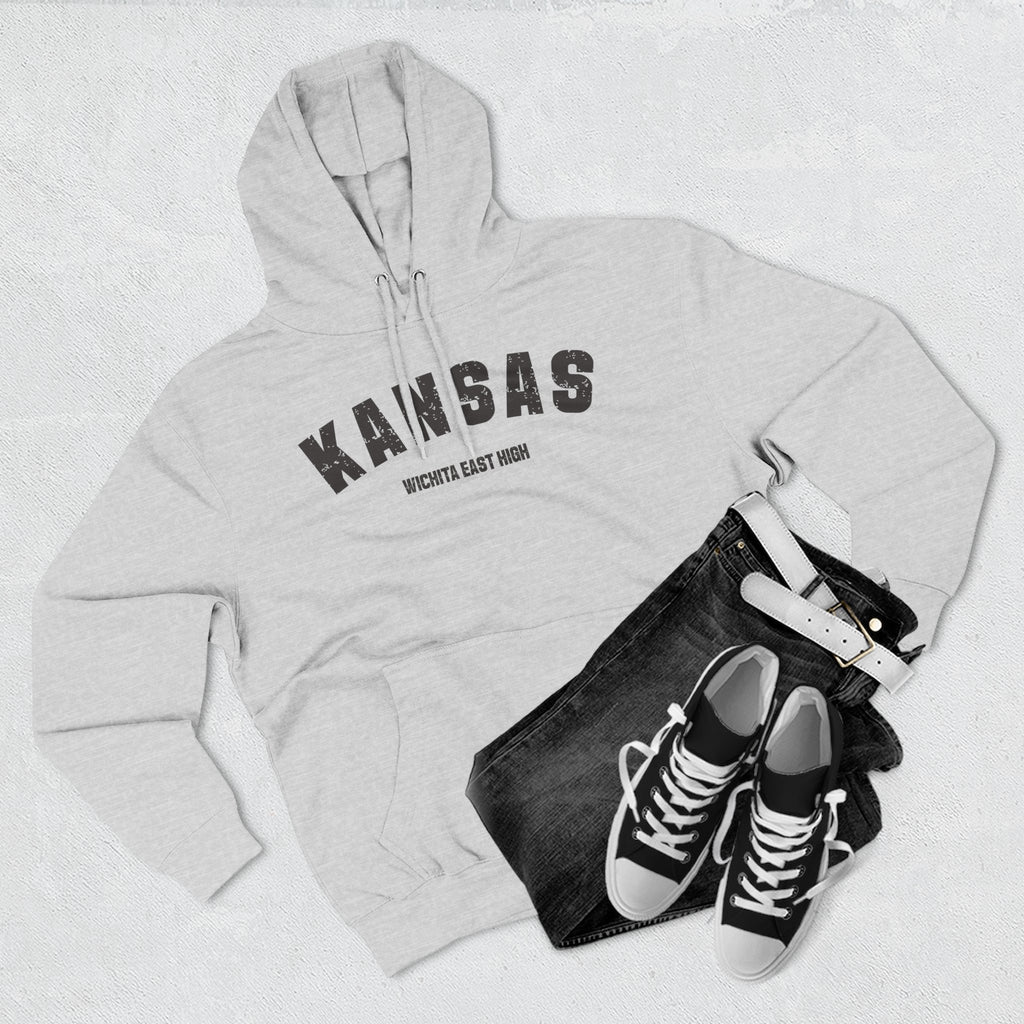 Heather grey Kansas hoodie styled flat with jeans and trainers, varsity KANSAS over WICHITA EAST HIGH