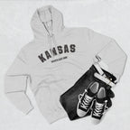 Heather grey Kansas hoodie styled flat with jeans and trainers, varsity KANSAS over WICHITA EAST HIGH