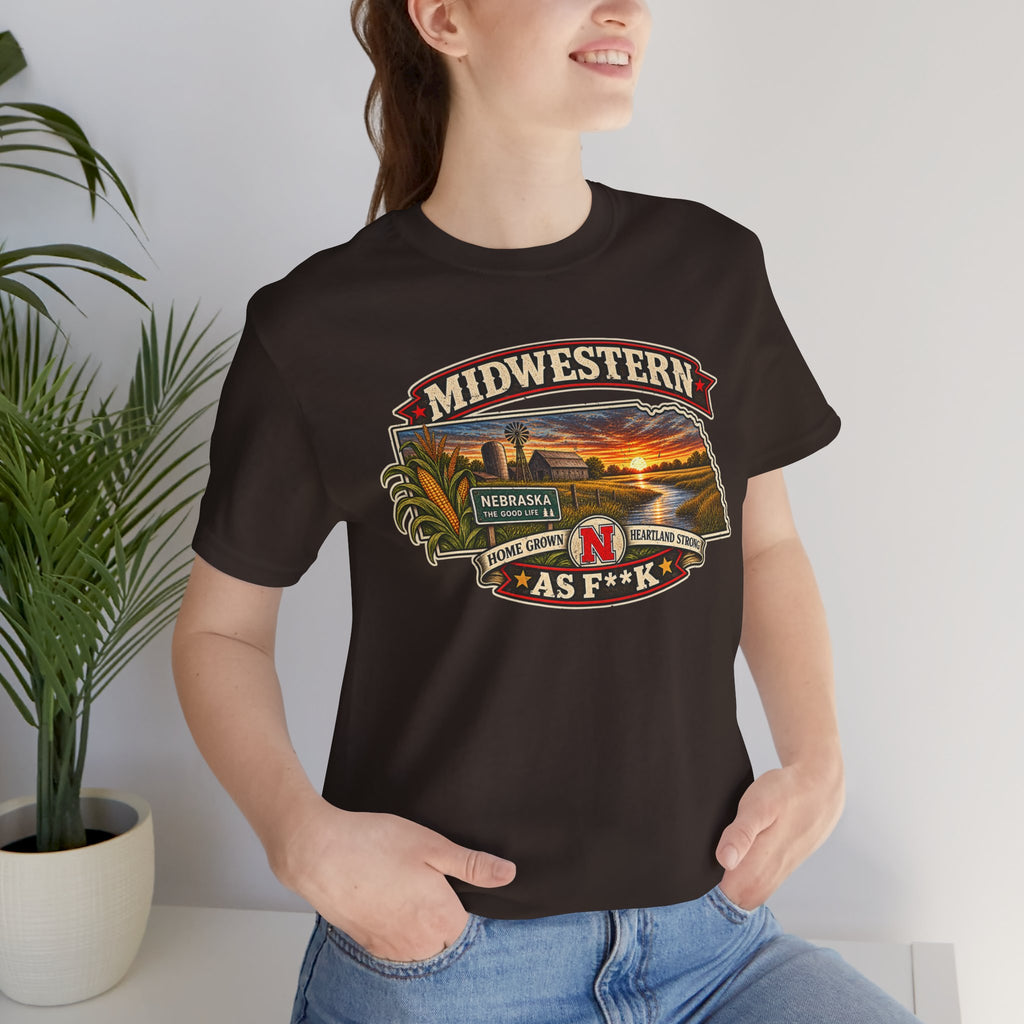 Woman in the brown Nebraska As F**K tee indoors, censored banner across the chest