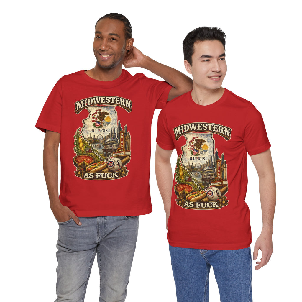 Midwestern As Fuck Illinois T-Shirt – product photo 17 featuring a distressed vintage design featuring the Illinois state outline overlaid with the state flag, surrounded by the Chicago skyline, the Chicago Theatre sign, The Bean, deep-dish pizza, a Chicago-style hot dog, and towering corn fields