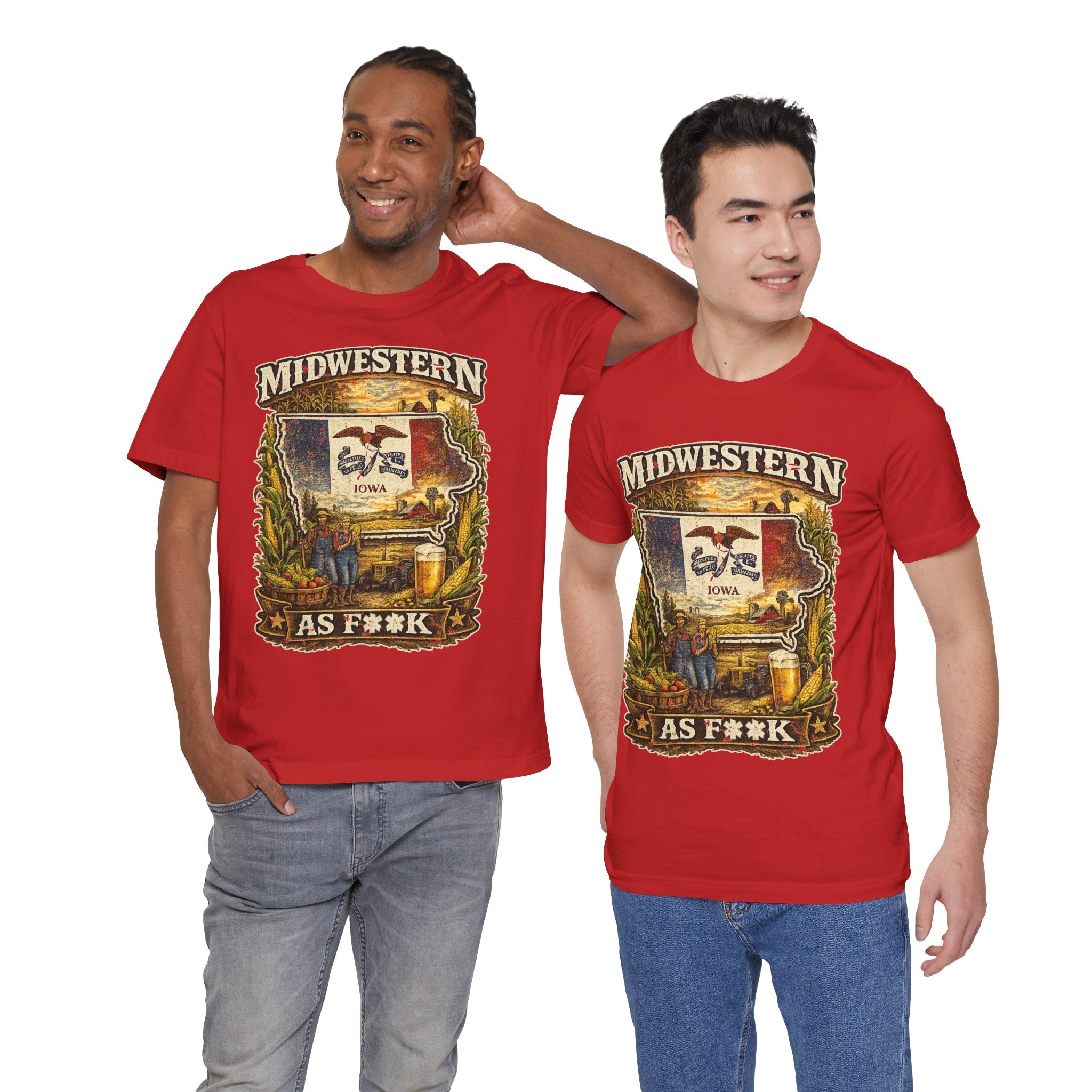 Slightly Salty Midwestern As F**K Iowa T-Shirt – product photo 1 featuring a distressed vintage design featuring the outline of Iowa overlaid with the Iowa state flag, surrounded by towering corn stalks, rolling farmland, a classic red barn, a windmill, a tractor, and an overflowing harvest basket