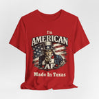 Red t-shirt casually draped with soft folds, showing the Uncle Sam graphic and AF Made In Texas text.