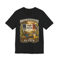 Midwestern As Fuck Iowa T-Shirt in Black – a distressed vintage design featuring the outline of Iowa overlaid with the Iowa state flag, surrounded by towering corn stalks, rolling farmland, a classic red barn, a windmill, a tractor, and an overflowing harvest basket