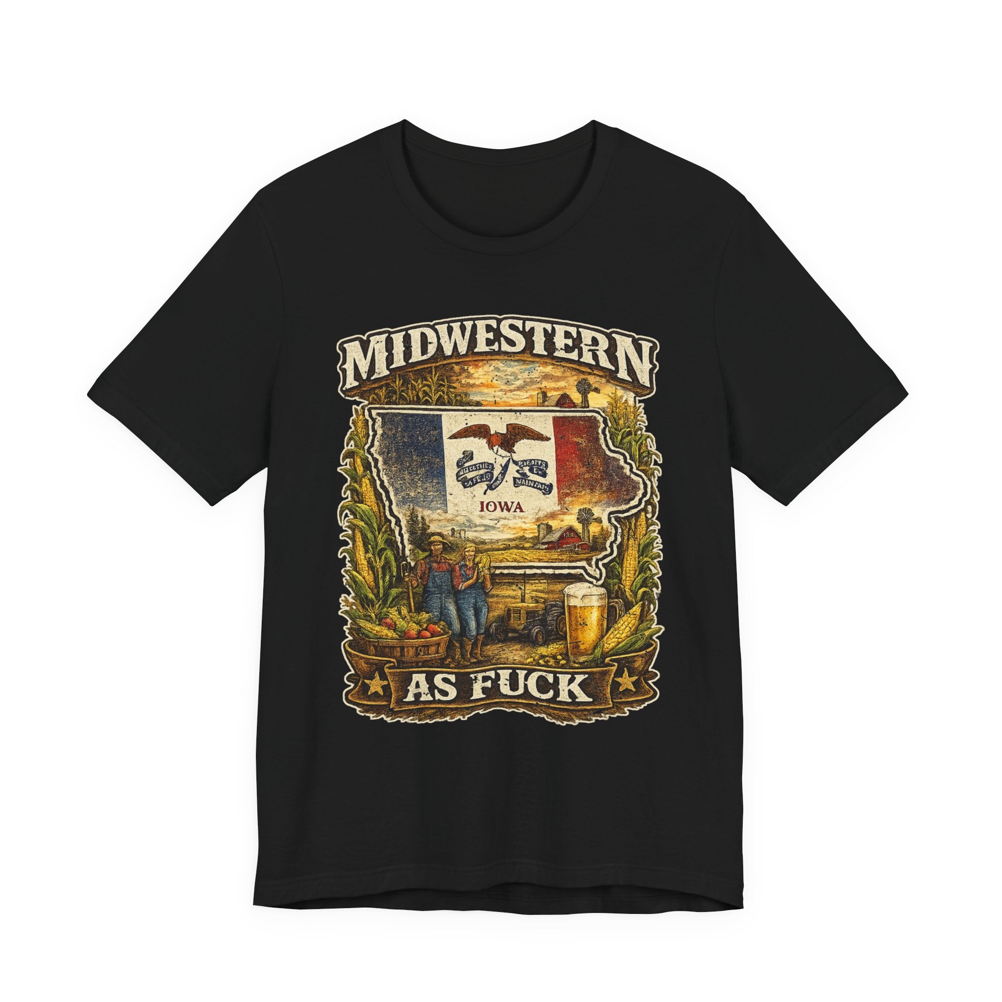 Midwestern As Fuck Iowa T-Shirt in Black – a distressed vintage design featuring the outline of Iowa overlaid with the Iowa state flag, surrounded by towering corn stalks, rolling farmland, a classic red barn, a windmill, a tractor, and an overflowing harvest basket