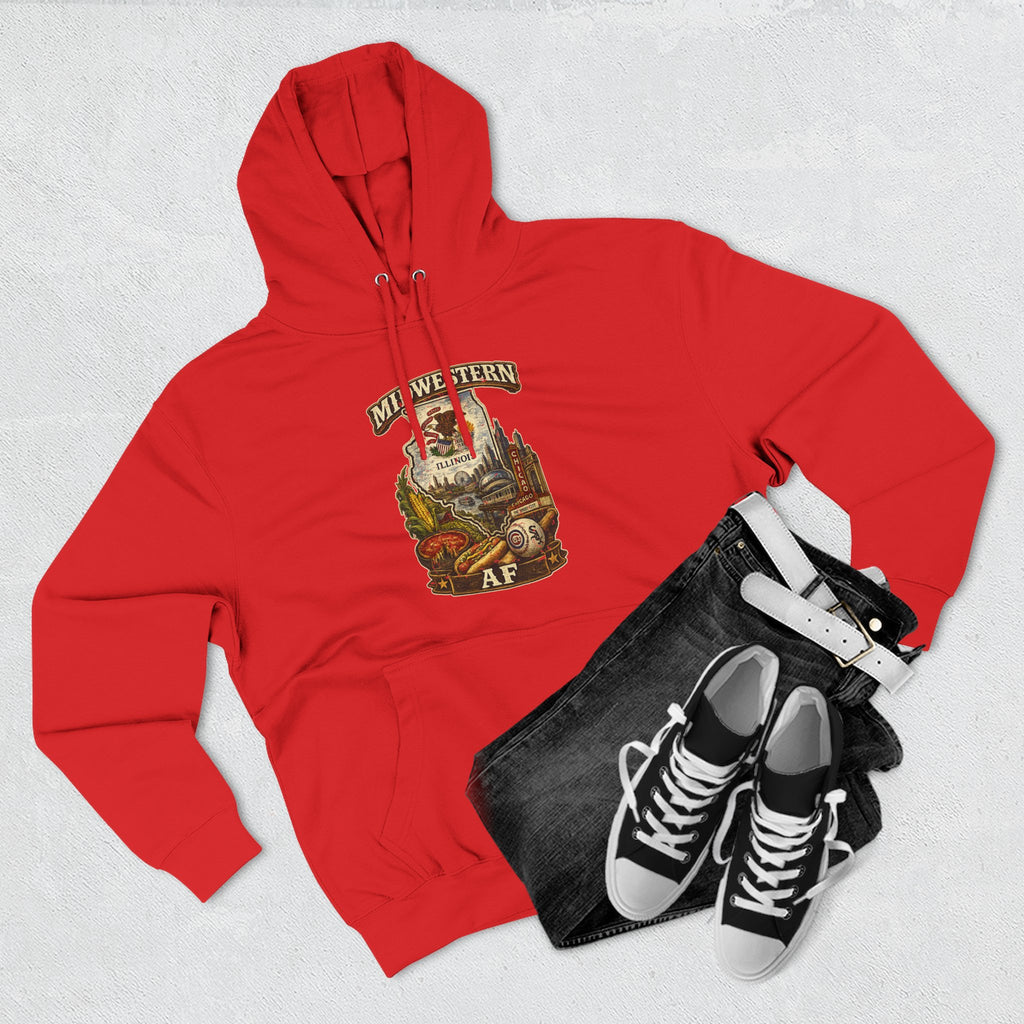Family Friendly Midwestern AF Illinois Hoodie – product photo 12 featuring a distressed vintage design featuring the Illinois state outline overlaid with the state flag, surrounded by the Chicago skyline, the Chicago Theatre sign, The Bean, deep-dish pizza, a Chicago-style hot dog, and towering corn fields