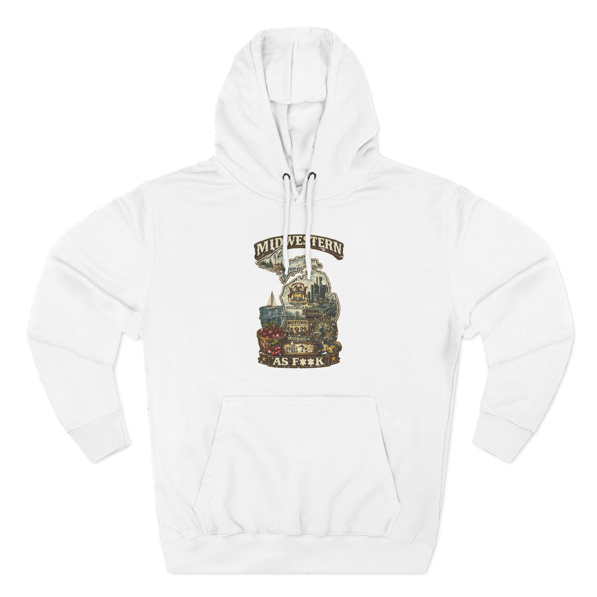 Slightly Salty Midwestern As F**K Michigan Hoodie in White – a distressed vintage design featuring Michigan's Upper and Lower Peninsulas overlaid with the state outline, surrounded by Detroit's skyline, Woodward Avenue, the Great Lakes, and Traverse City cherries