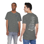 Two men wearing the Navy veteran T-shirt in Deep Heather, showing the front and back prints