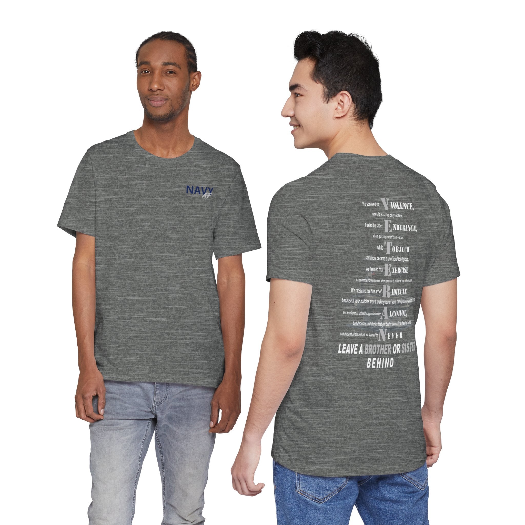 Two men wearing the Navy veteran T-shirt in Deep Heather, showing the front and back prints